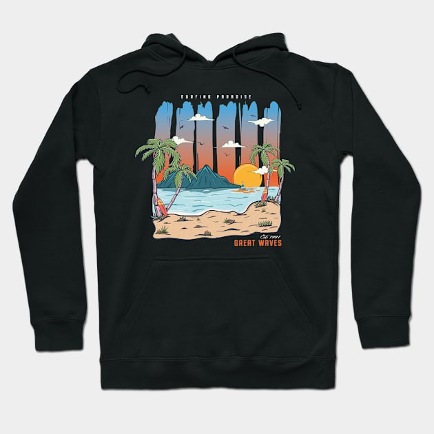 Vintage Beach Sunset  Great Waves Vacation Surfing Paradise Hoodie by Msafi